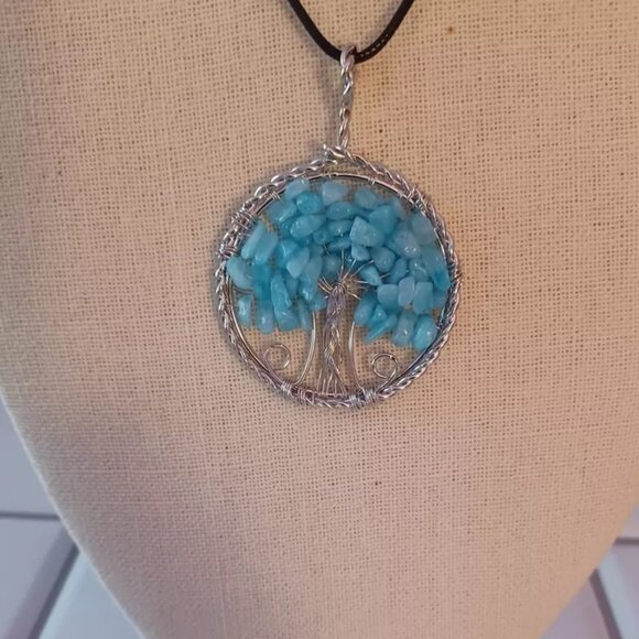 Aquamarine Tree of Life Pendant in Silvertone with Leather Necklace (24 Inches) - Picture 2 of 4